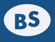 Logo met witte letters BS op blauwe achtergrond