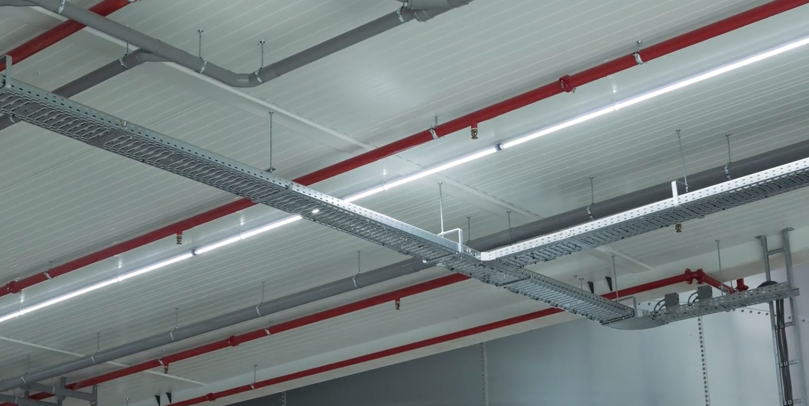 Plafond met verlichtings- en veiligheidsbuizen in fabriekshal.